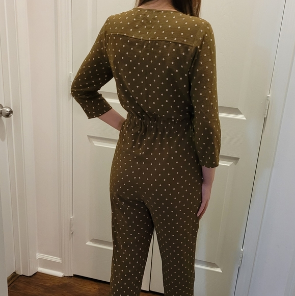 Roolee Polka Dot Jumpsuit Olive Green Button Down 3/4 Sleeve Size Small - Picture 3 of 12